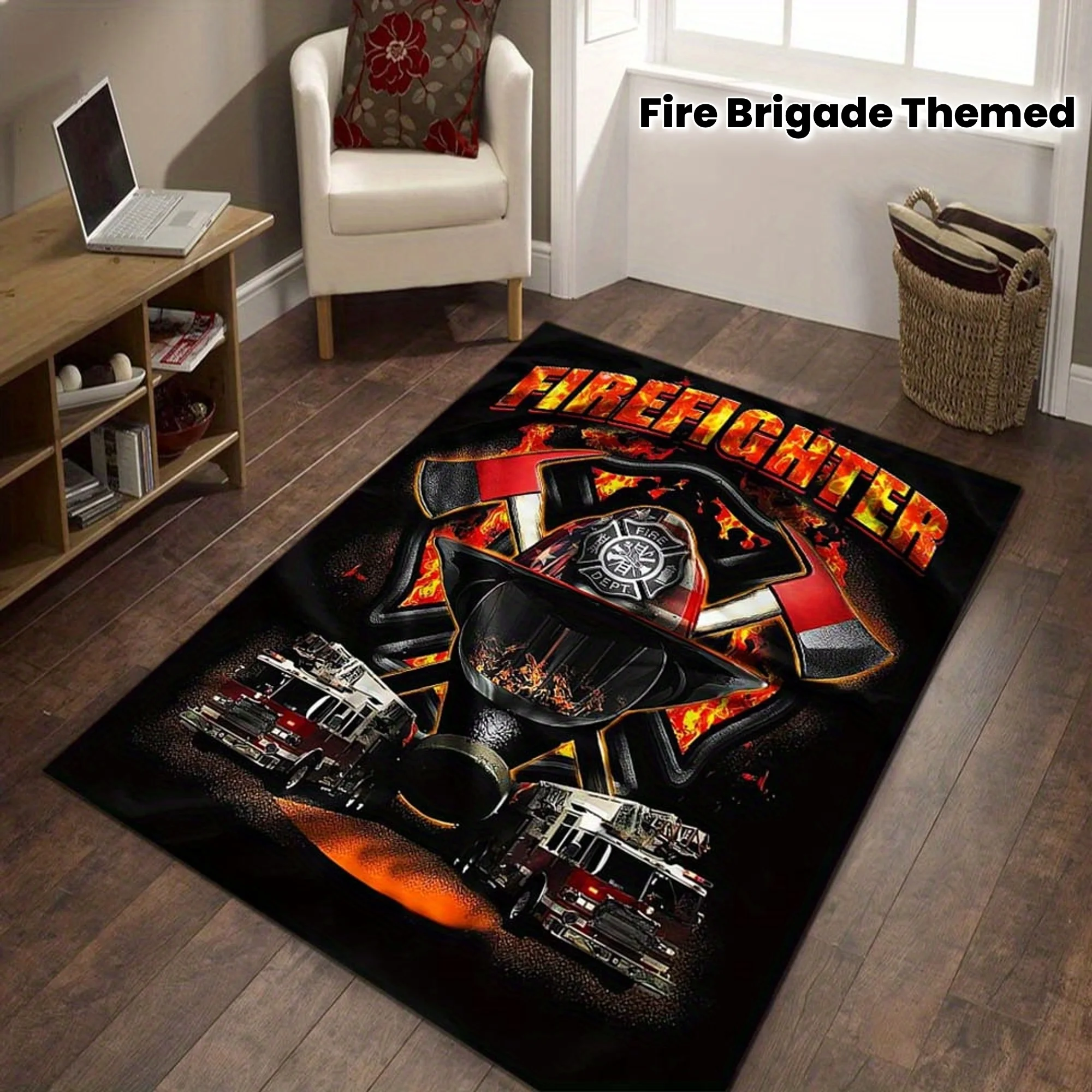 Fire Department Theme Area Rug - With Flames & Stars, Perfect for Living Room or Bedroom Decor, Adds Warmth & Style