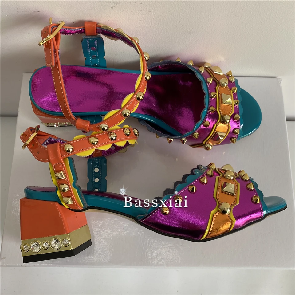 Luxury Rivet Embellished Ankle Strap Sandals Women Crystal Square Heel Sexy Open Toe Patchwork Party Shoes Summer