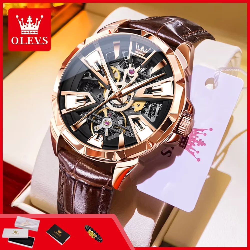 

OLEVS 7051 Automatic Man Watch Fashion Leather Strap Hollow Mechancial Men's Watches Waterproof Luminous Luxury Watches for Man
