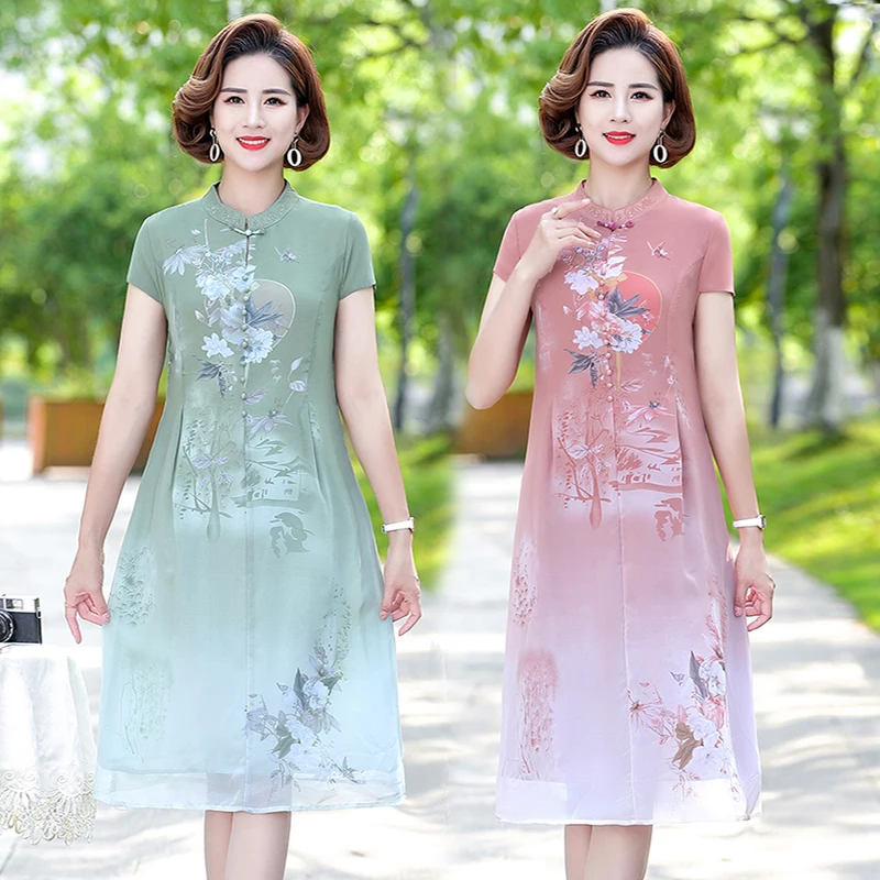 Women Elegant Summer cheongsam Retro Dress new Positioning flower Beach Long Party Dress Chiffon Dresses Female Vestidos