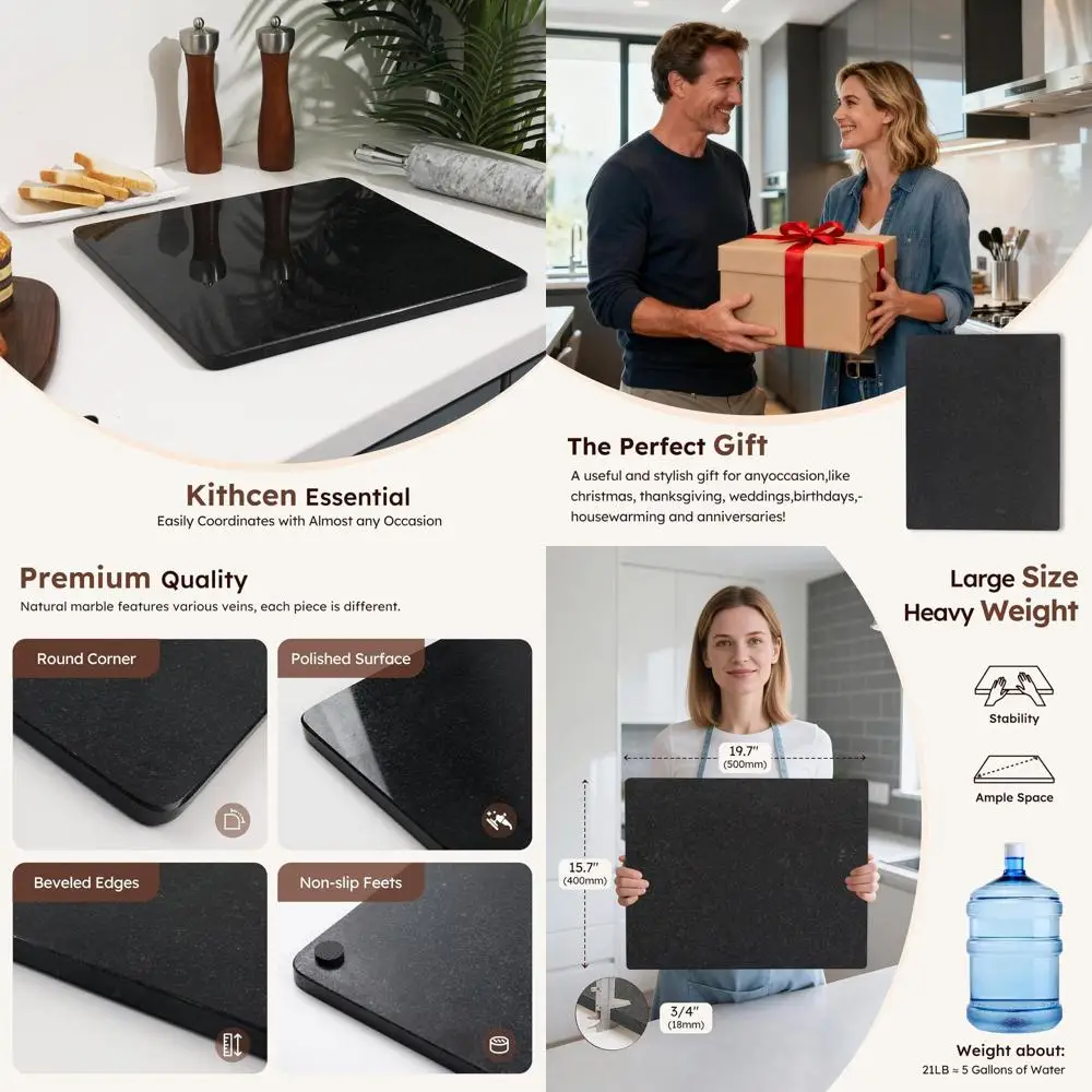 

Large 16x20 Inch Black Granite Kitchen Cutting Board with Anti-Slip Base for Cheese, Charcuterie, Dough, Chocolate