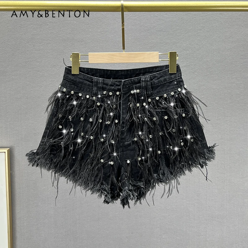 

Exquisite Rhinestone Denim Shorts Women's Fashion 2023 New Summer High Waist Slimming Tassel Wide-Leg Short Jeans Booty Pants