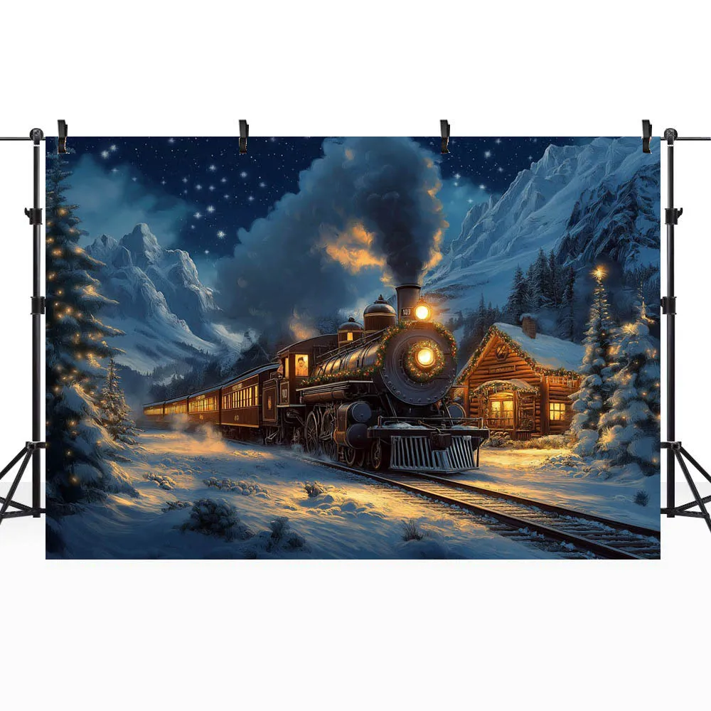 خلفية تصوير Mocsicka ، غابة شتوية ، قطار عتيق ، ثلج ، منزل خشبي ، شجرة عيد الميلاد ، خلفية ، استوديو تصوير ، مستلزمات تصوير