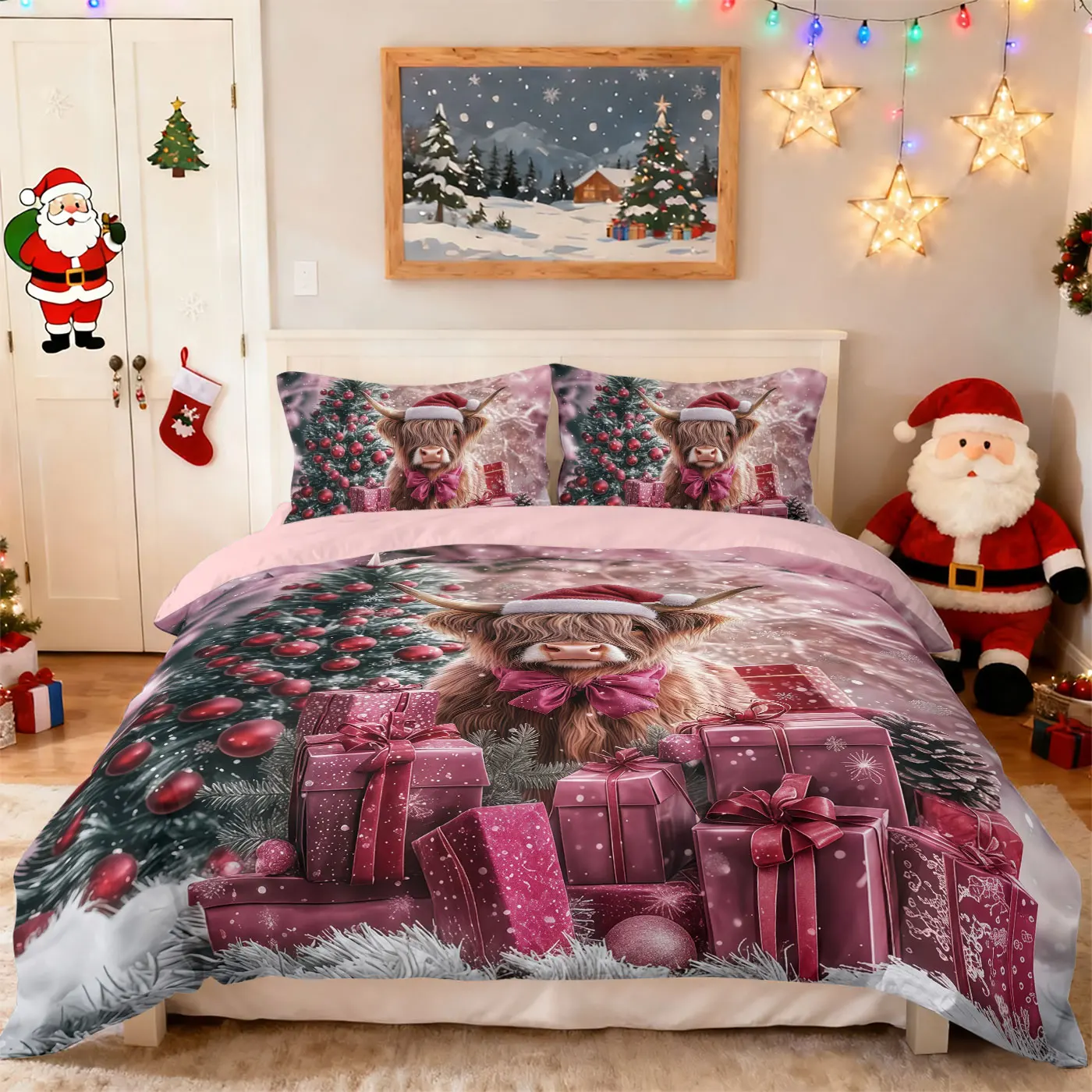 3pcs Red Christmas Highland Cow Gift Print coreless Bedding Set Soft Dormitory Bedroom Multiple Sizes Machine Washable