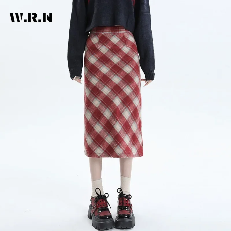 2023 inverno Vintage Plaid Print elegante maglia media gonne lunghe gonna Sexy Slim Fit a vita alta stile dolce Casual da donna