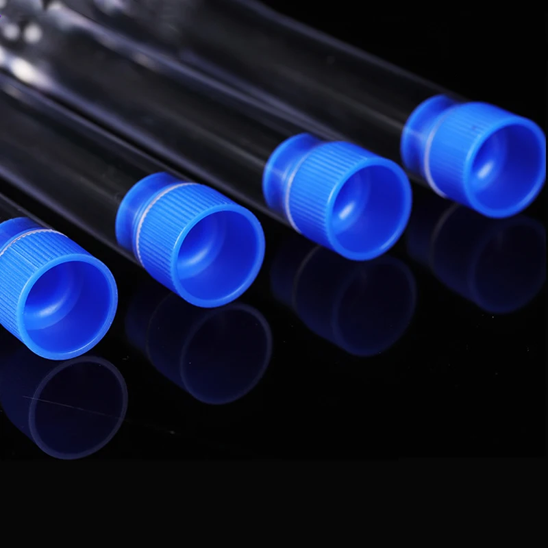 Tubes à essai de laboratoire transparents, 50 pièces, 12x75mm (5ml), en plastique PS transparent, avec bouchons bleus ou rouges