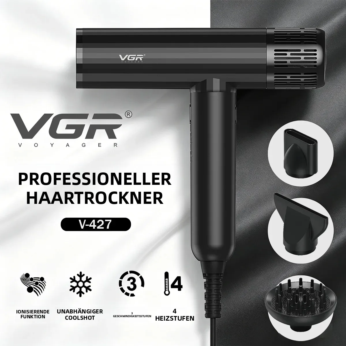 VGR Haartrockner Professionell Föhn Kabelgebunden Haartrockner-Gerät BLDC-Motor 110.000 U/min Für Friseursalons und den Heimgebrauch V-427