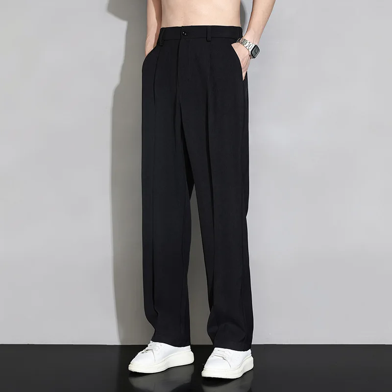 

Spring and Autumn Lightweight Men Suit Pants, Simple Black Straight-Cut Casual Pants Men's Outdoor Travel Loose Wide-Leg Pants