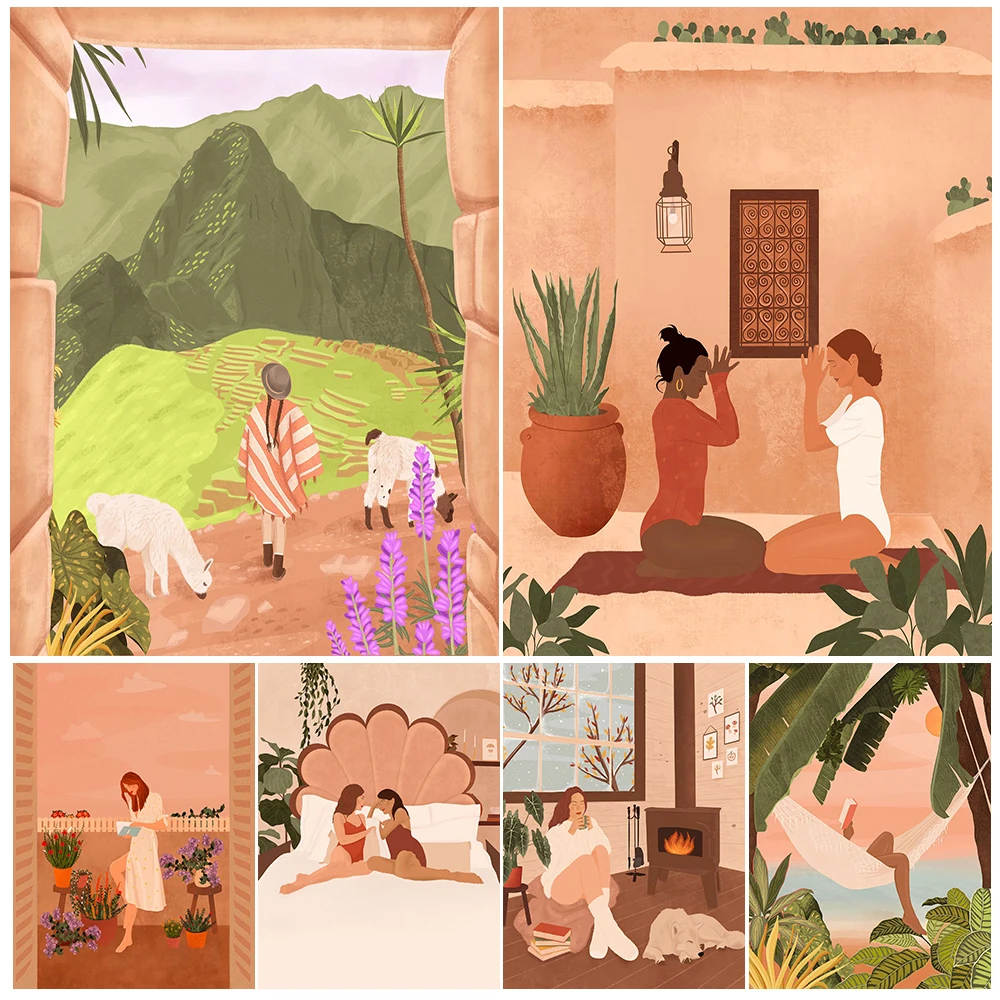 Minimalist Girl on Vacation Cartoon Scenery Poster Wall Art Canvas Painting Home Decor Wall Pictures For Living Room Unframed