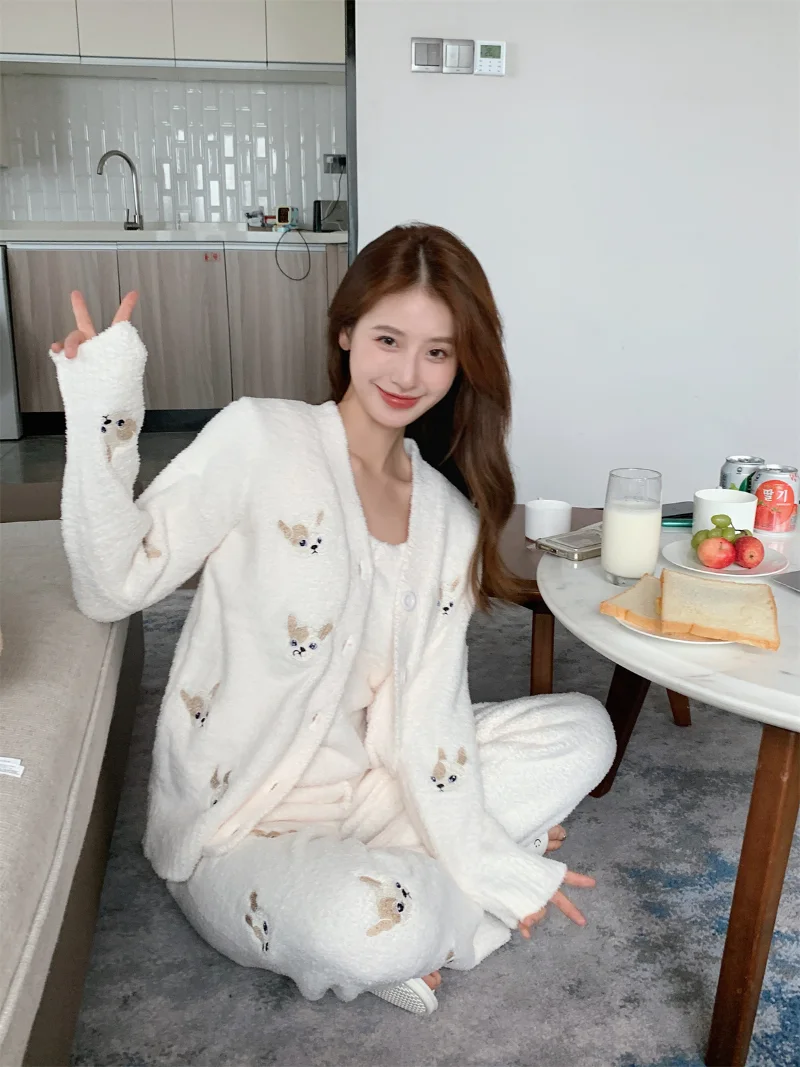 Japanese Kawaii Cartton Embroidery Print Pajama Three Piece Sets Autumn Winter Warm Casual Homewear Suit Fashion Loose Sleepwear