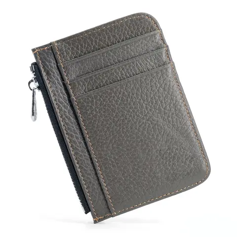 Men's Genuine Leather Minimalist Wallet - Ultra Thin Zipper Coin Pouch with Credit Card Holder (Small Money Bag)