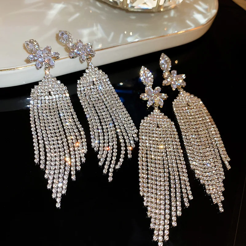 FYUAN Shiny Silver Gold Color Flower Crystal Earrings for Women Long Tassel Dangle Earrings Ladies Bride Weddings Jewelry