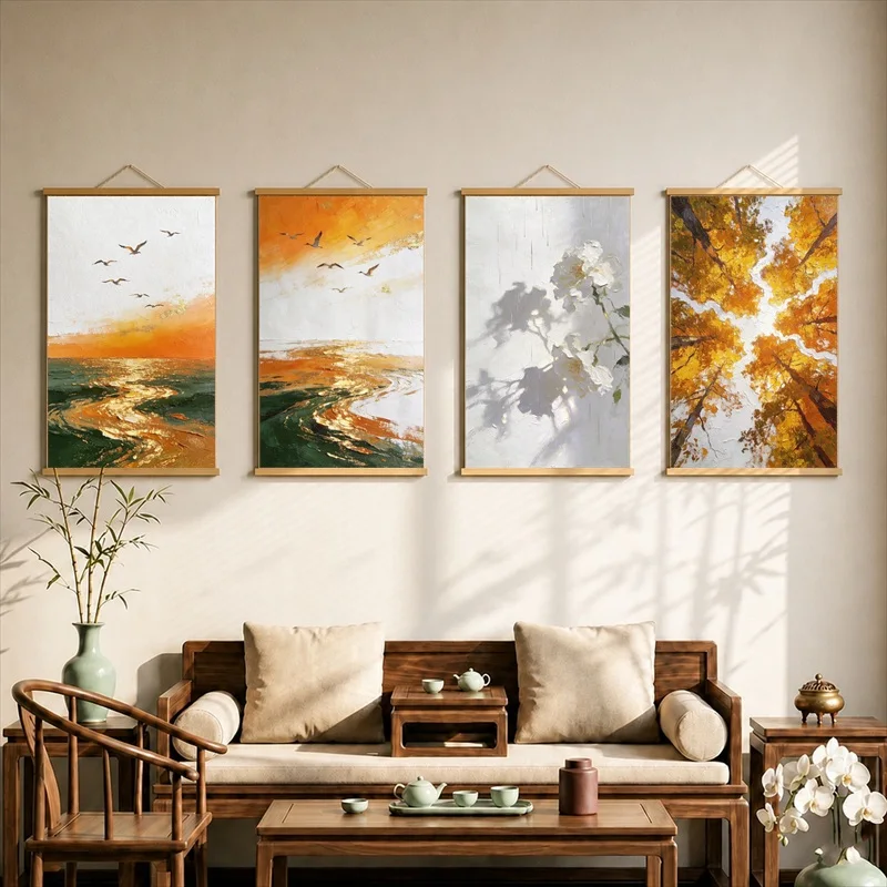 Wall Decorations Seabirds Returning over Golden Sunset Water, Pearlescent Canvas Hanging Scroll for Boutique Hotel Wall Decor