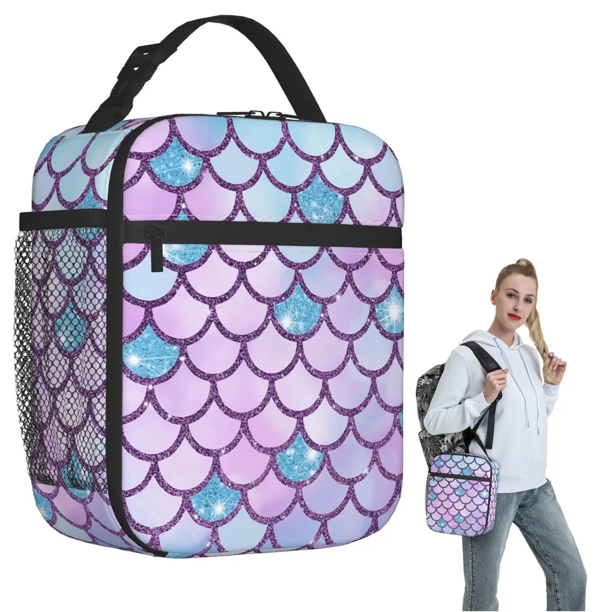 Rainbow Mermaid Scales Insulated Lunch Bag for Women Kids Leakproof Food Boxes Thermal Lunch Box Tote