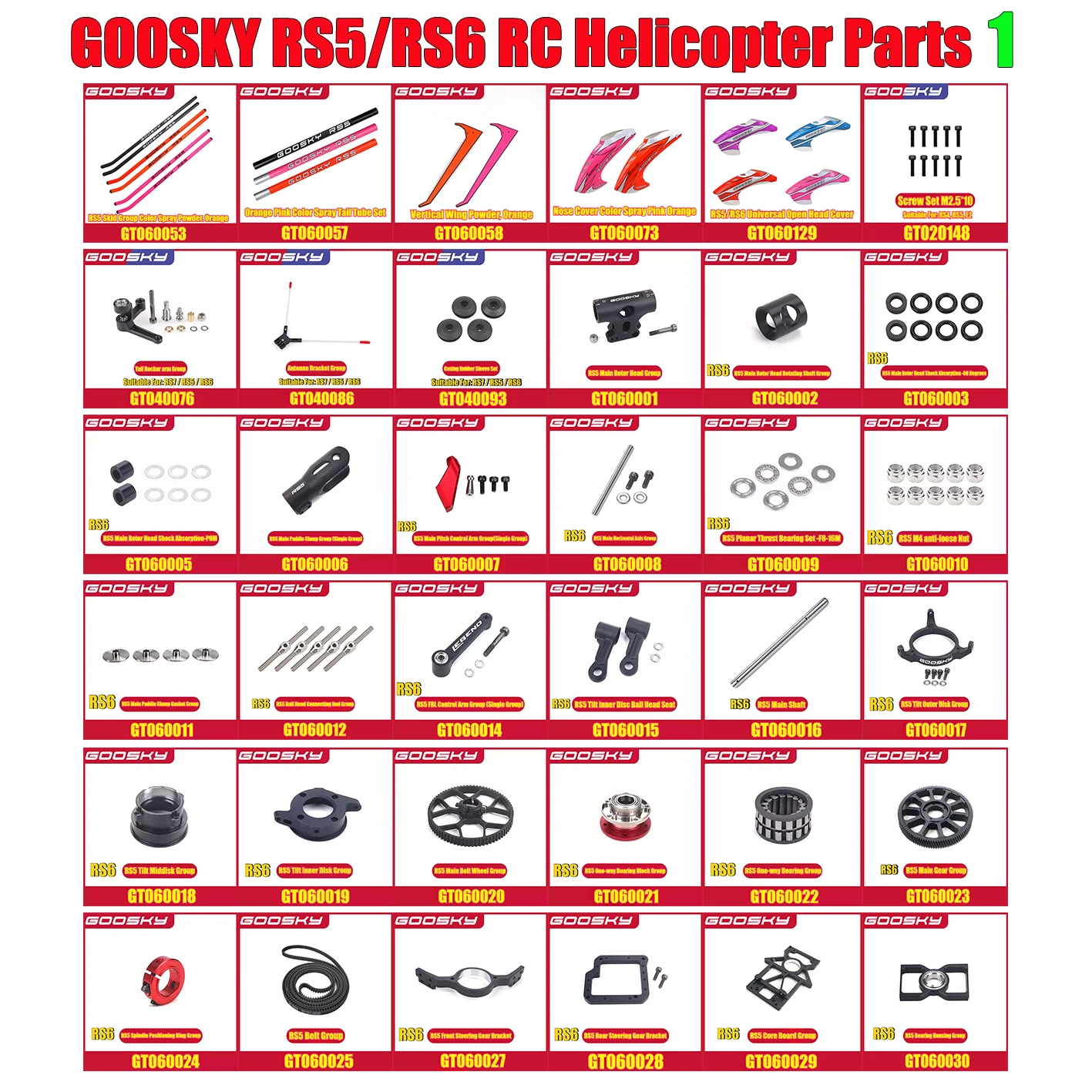 

GOOSKY RS5 / RS6 RC Helicopter Parts Color Spray Tail Pipe Head Cover Ball Head Screw Stern Shaft Vertical Wing Skid Parts 1