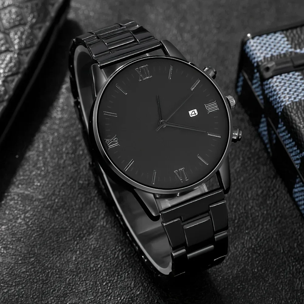 4-piece/set men's black minimalist quartz watch set with bracelet, necklace, and ring - - view 6