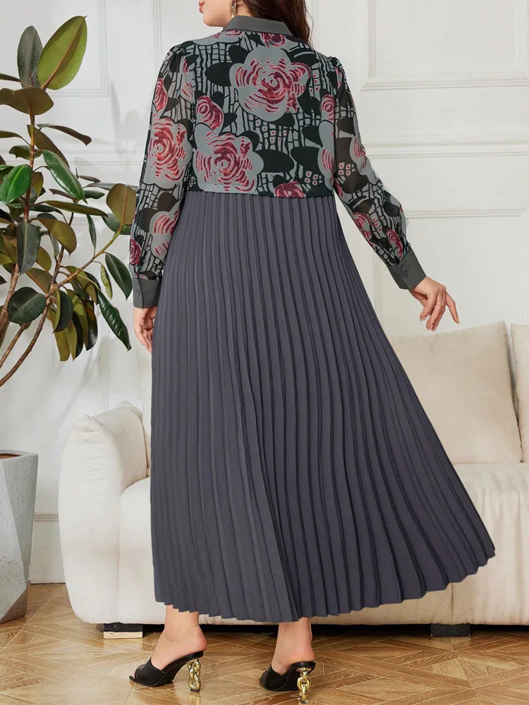 GIBSIE プラスサイズ 2in1 プリントシャツワンピース レディース 秋 2025 新作 ヴィンテージ 長袖 ルーズ ファッション プリーツ マキシ丈ワンピース