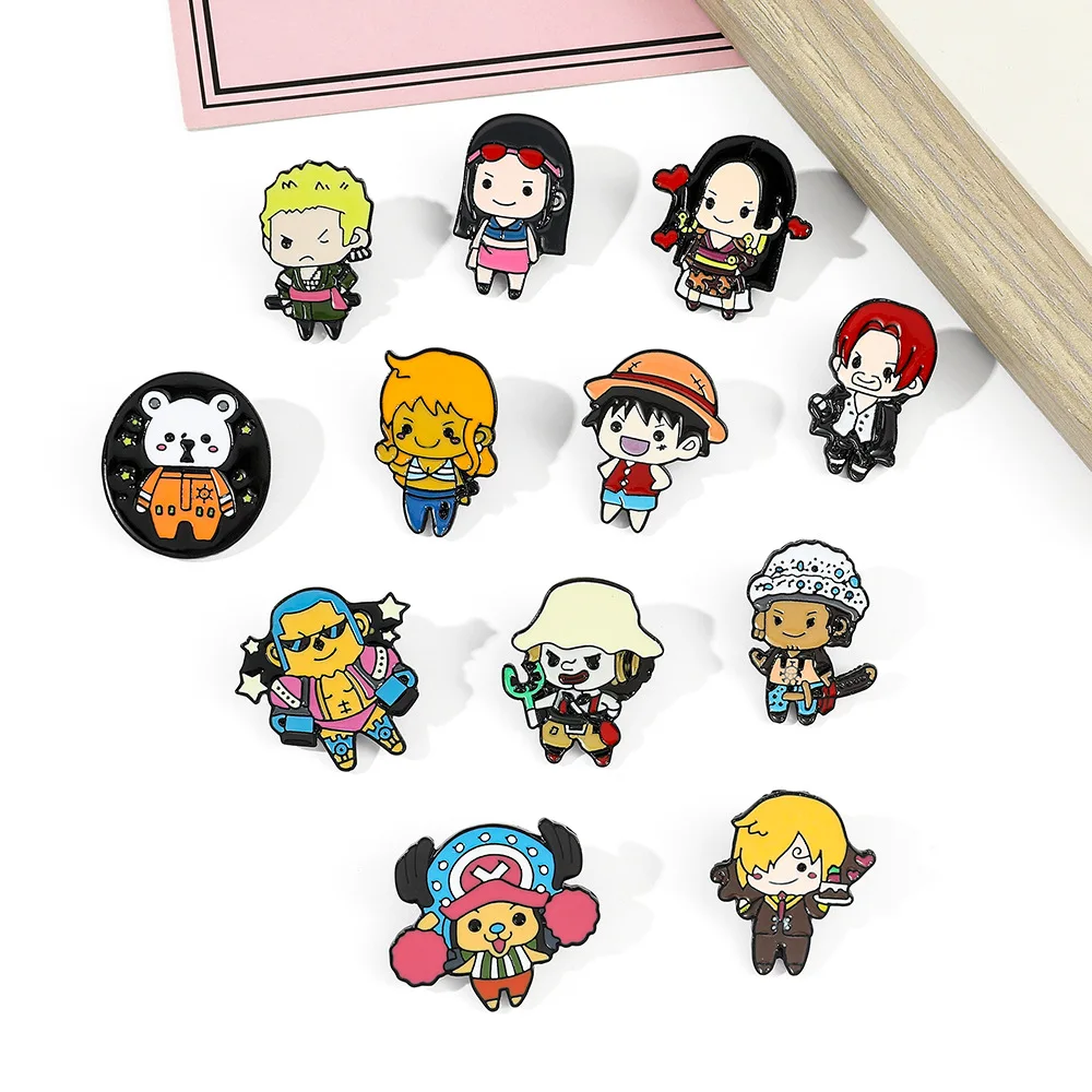 One Piece kartun bros Anime tokoh aksi Luffy Zoro Sanji pin ransel Enamel perhiasan lucu pin hadiah ulang tahun anak-anak