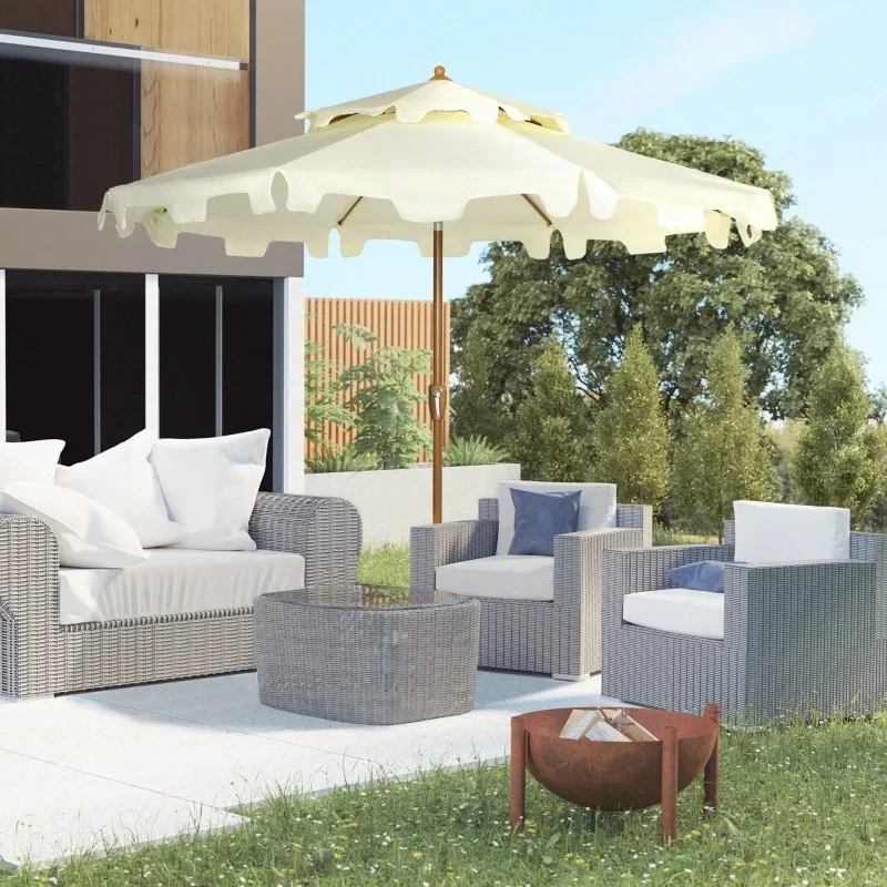9ft Patio Umbrella w/ Push Button Tilt and Crank,Outdoor Market Table Umbrella w/ Fringed Tassles and 8 Ribs,for Garden