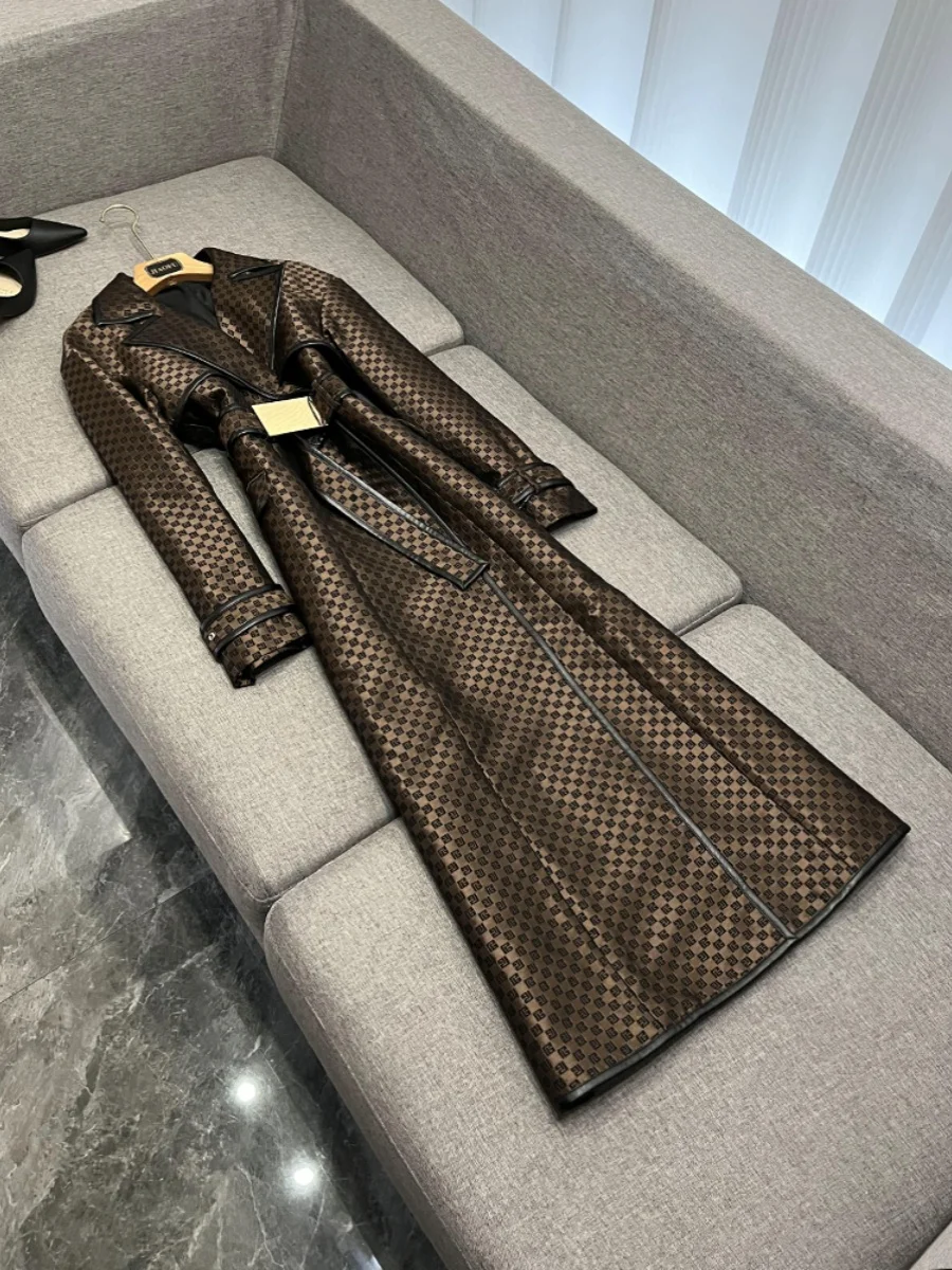 

Faionable Long Maze Pattern Embroidery Belted Coat New Arrival A0350JF Star Sle Commute Windbreaker Women's Outerwear