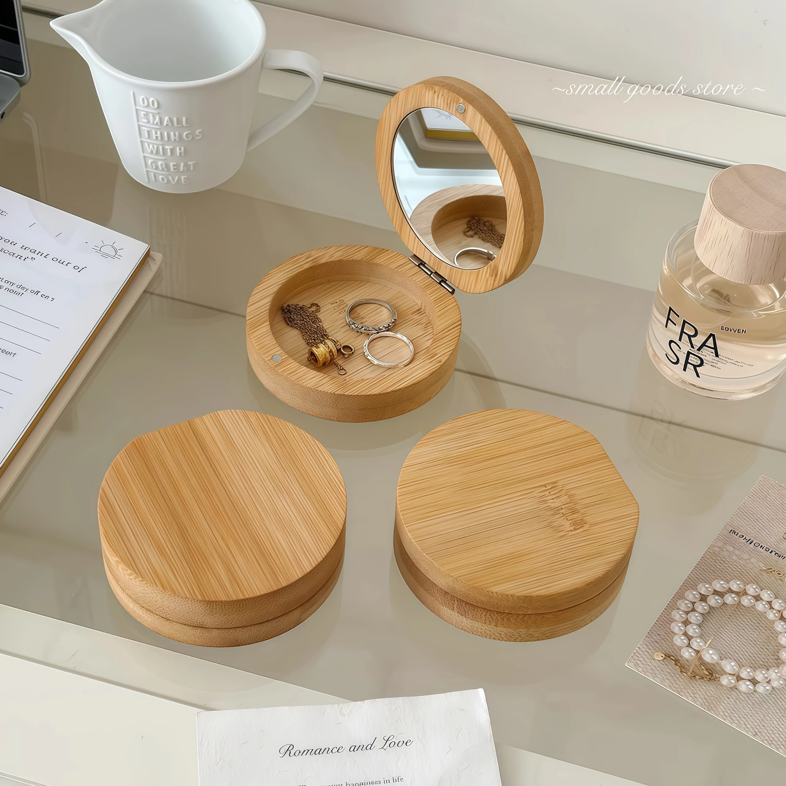 2pcs This Makeup Mirror Is Made Of Wooden, Meticulously Polished, And Packaged In A Stylish, Simple, And Sturdy Bamboo Safety Bo
