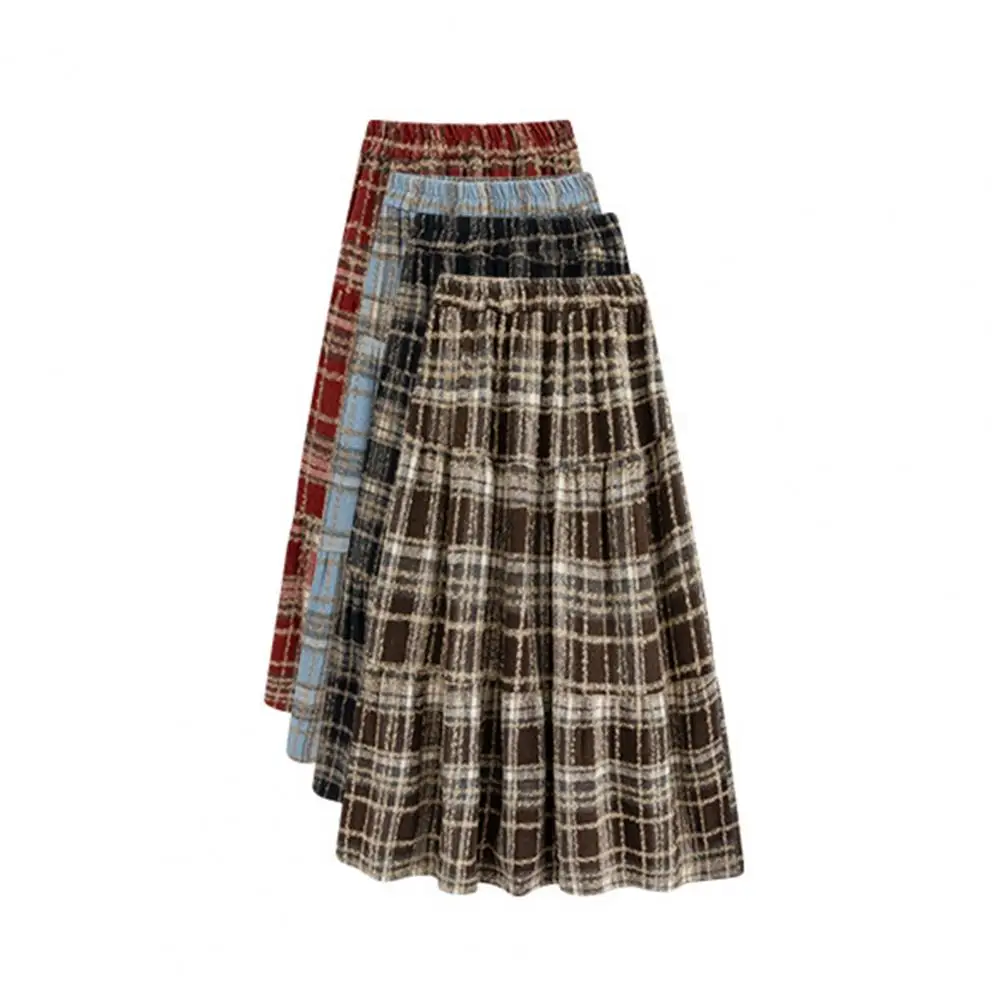 Wollen rok met hoge taille Elegante geruite wollen rok met hoge taille en ruches Details A-lijn damesrok voor herfst winter