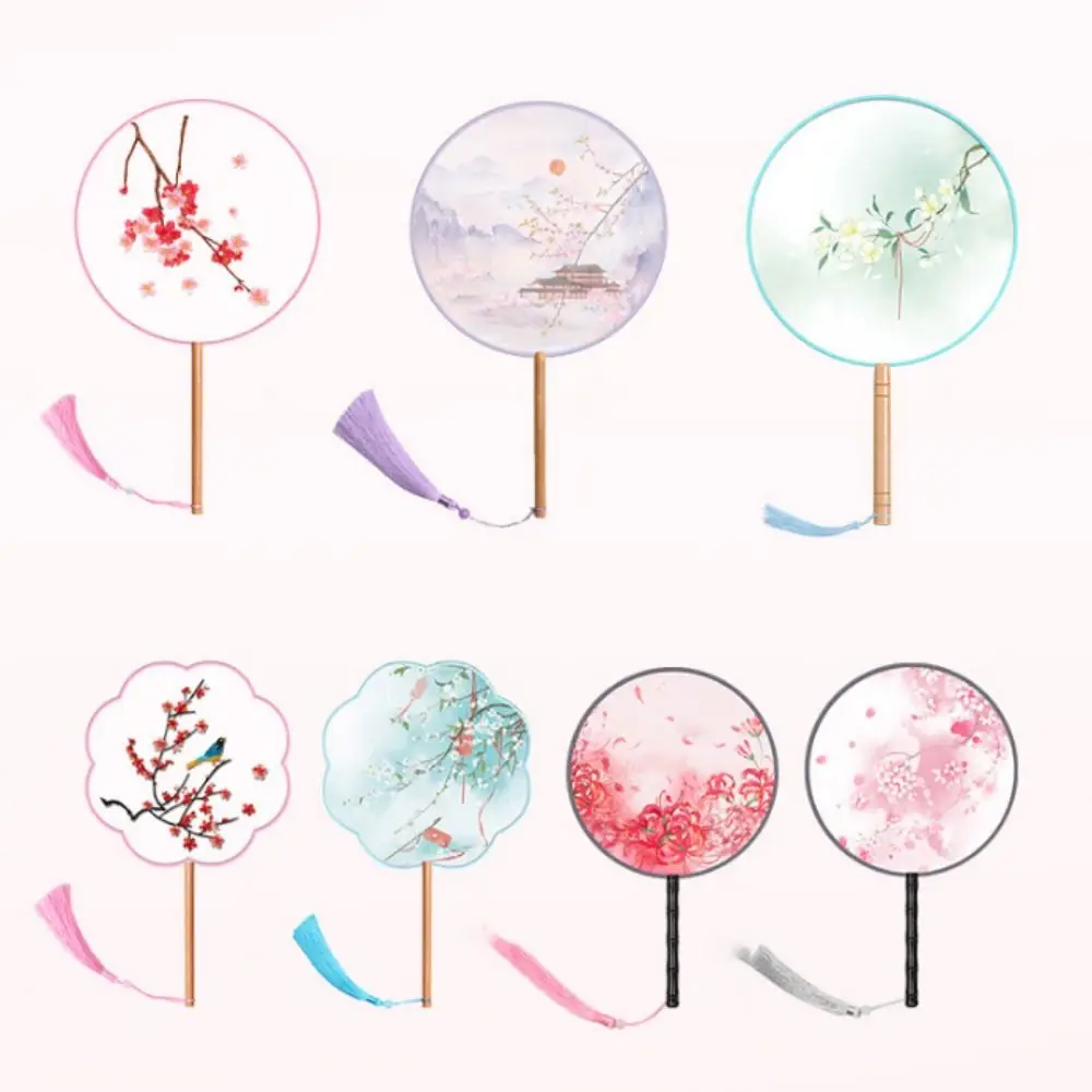 Chinese Style Round Hand Fan Ink Painting Long Handle Dance Silk Fan with Tassel Ancient Embroidery Fan for Wedding