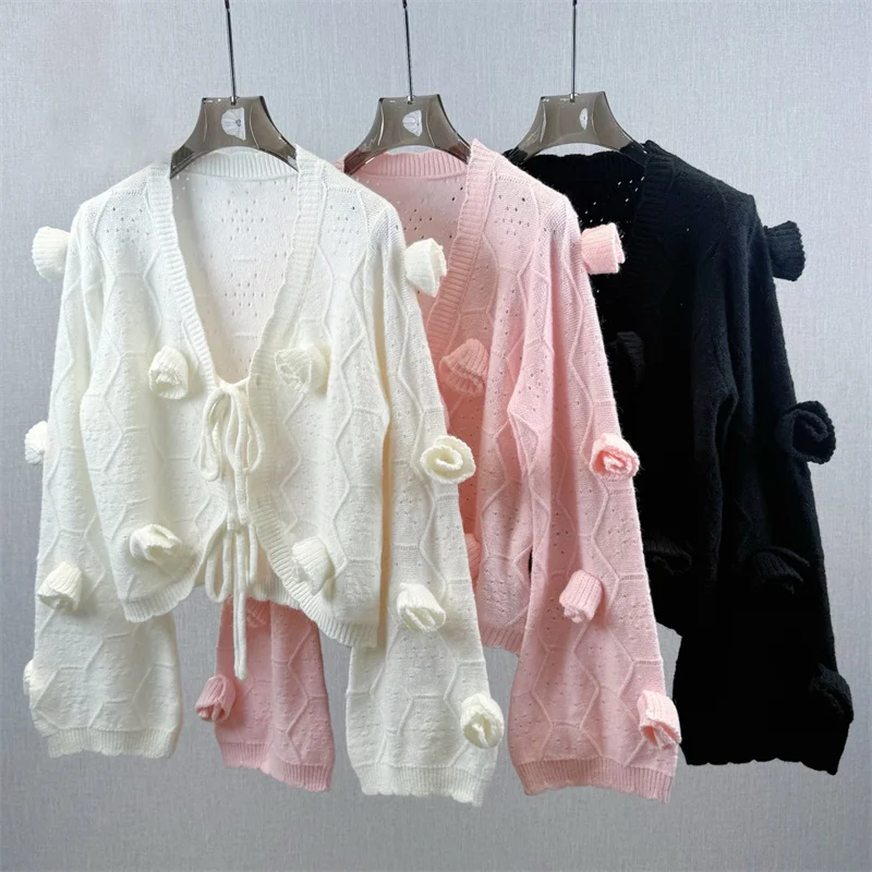 

Кардиган для женщин. Новый эластичный вязаный облегающий топ с v-образным вырезом и длинными рукавами на осень 2021. Женский свитер с 3D цветочным декором y2k.