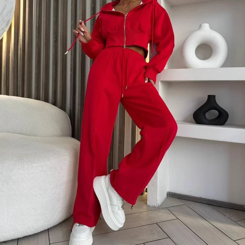 New Casual Cotton Suit Long Sleeve Zippered Cardigan Waist Hooded Sweatshirt Lace-up Trousers Two-piece Set for Women