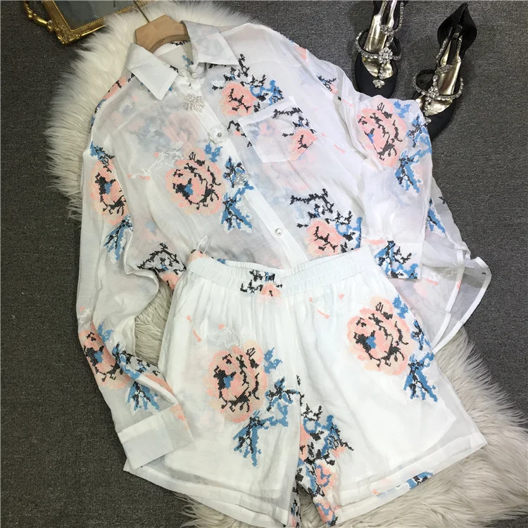 High Quality Embroidery Summer Two-piece Set Elegant Long Sleeve Sunscreen Shirt Cardigans Top + Elastic Waist Loose Shorts Suit