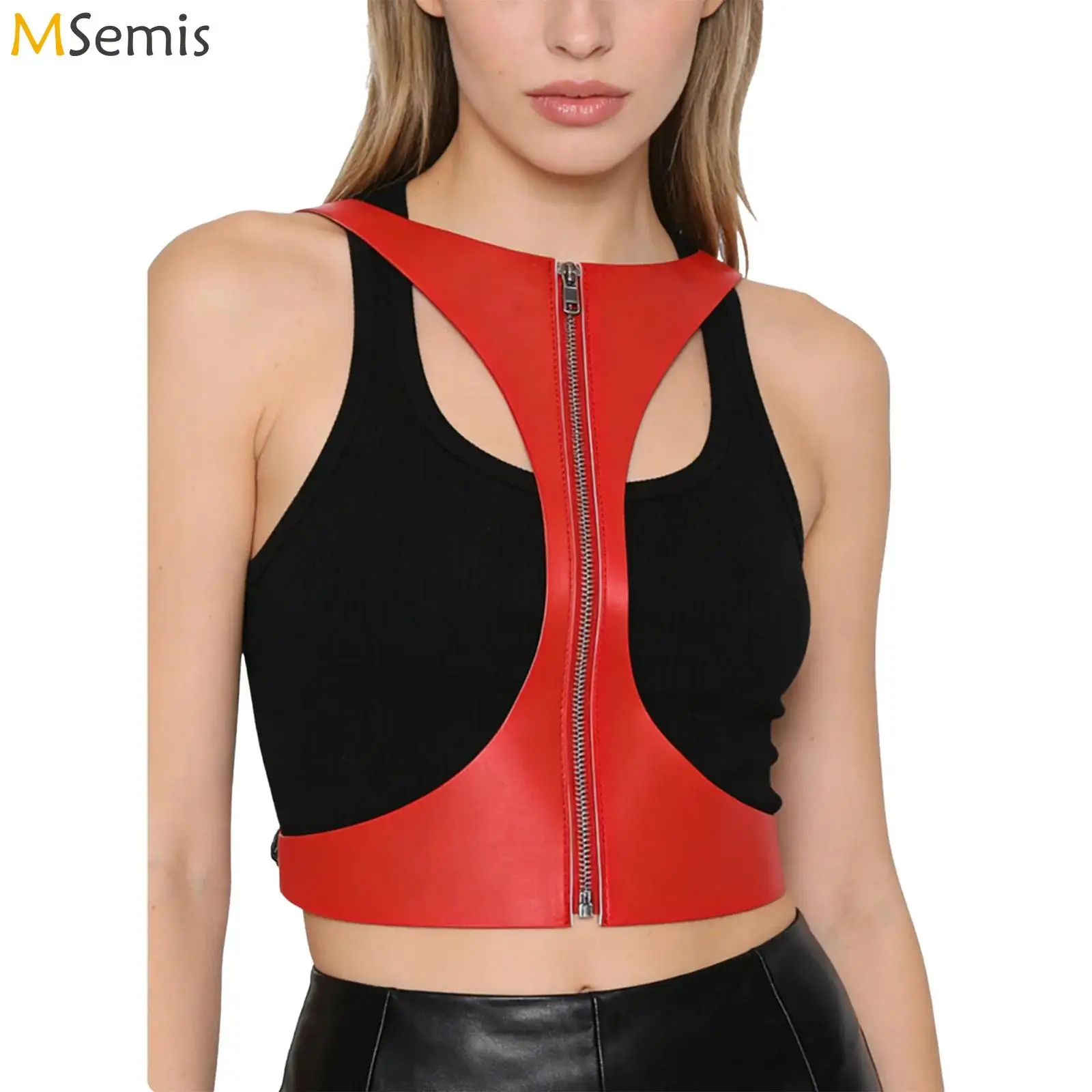 

Женские топы из искусственной кожи на груди, молния спереди, регулируемые бретели, бюстгальтер без чашек с вырезом, укороченный топ, костюм для ночного клуба Rave Party