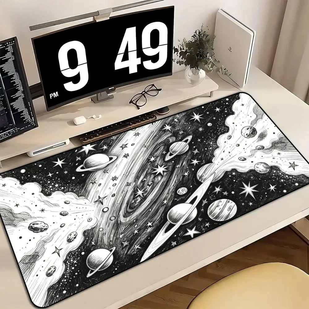 Large Xxl Gaming Mouse Pad Desk Mat Keyboard Pad Black White Galaxy Planet Space Sketch Art Non Slip Rubber Extended Table Decor