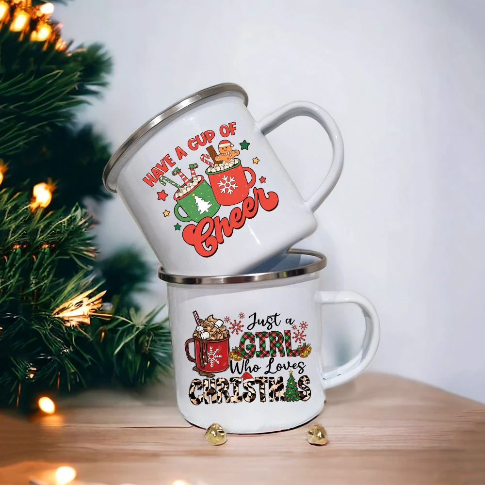 Have A Cup of Cheer Christmas Enamel Mugs Xmas Print Coffee Cups Xmas Party Wine Juice Handle Mug Christmas Holiday Gift Cup