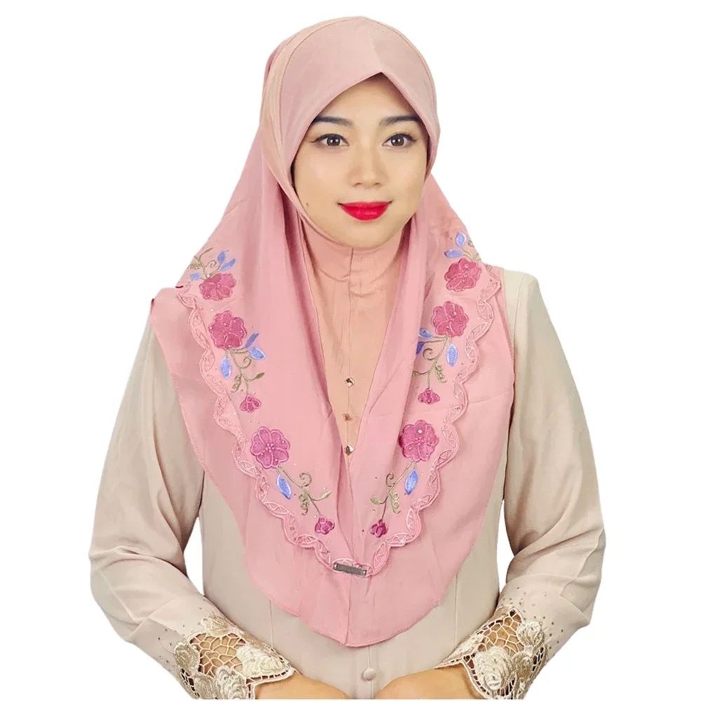 Muslim Double Layer Embroidery Hijab for Muslim Islamic Scarf Arab Shawls Malaysia Style Wear Directly Instant Amira Headscarf