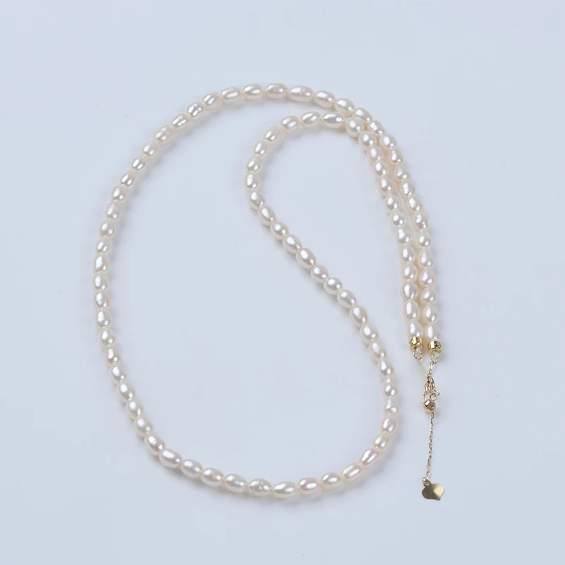 

Fashion AU750 Pure 18K Gold Chain Classic 3-4mm Rice Shape Freshwater Pearls Necklace