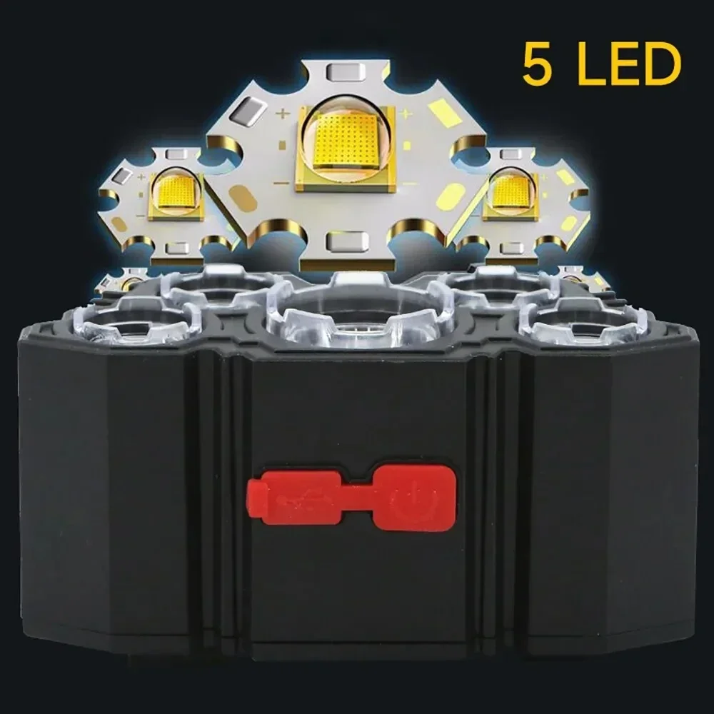 Nowa latarka czołowa 5LED przenośna latarka czołowa z możliwością ładowania na USB wbudowana latarka akumulatorowa 18650 światło robocze wędkarstwo