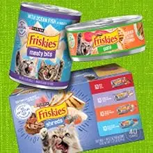 3 cans of Friskies soft cat food stacked playfully with a No Artificial Colors or Preservatives seal