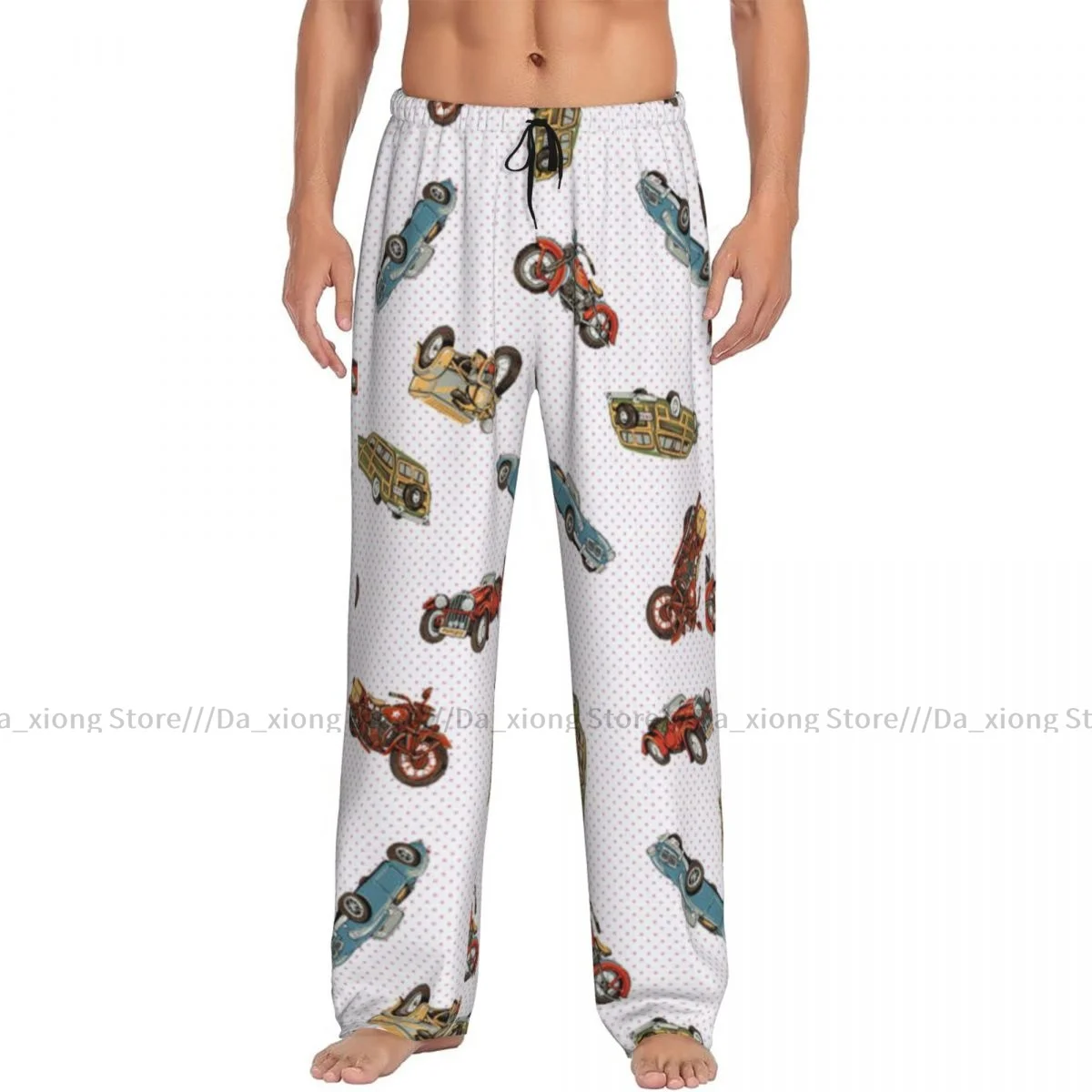 Men\'s Sleepwear Loose Sleep Pants Pajamas Old Car Motorcycle Pattern Long Lounge Bottoms Casual Homewear