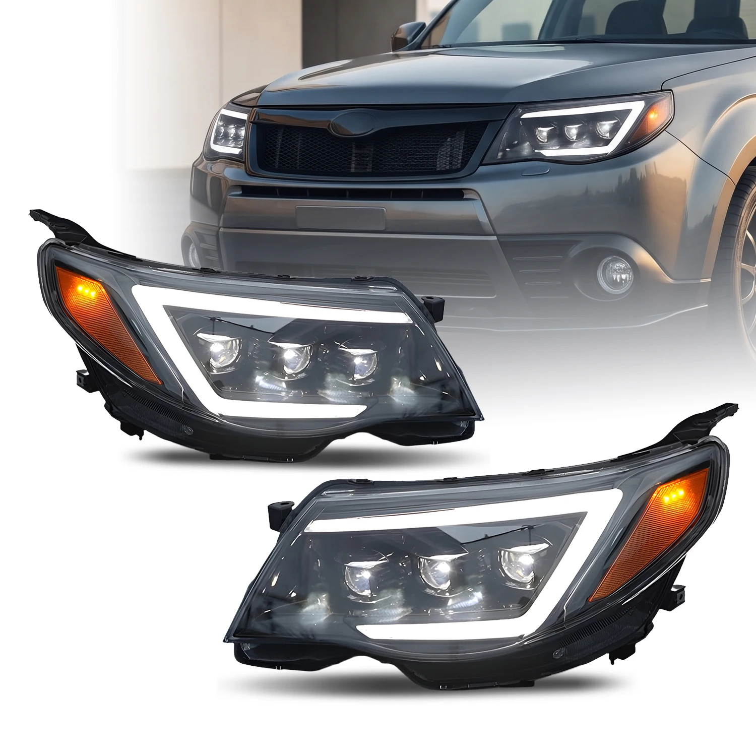 HCMOTIONZ LED Head Lights for Subaru Forester 2008-2012 with Start up Animation DRL Front Lamps Assembly