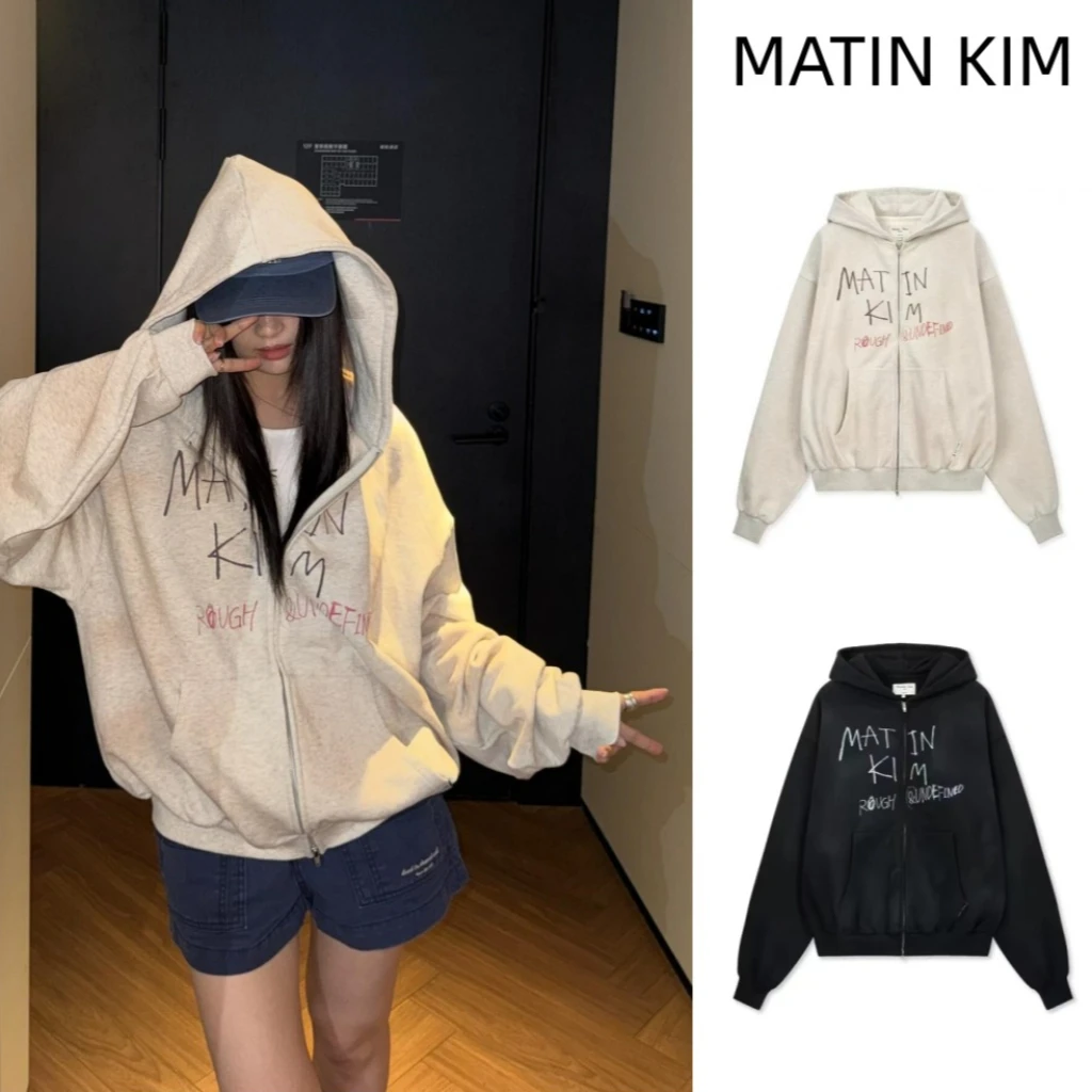 MATIN KIM Zip Up Hoodie Women Graphic Print Oversized Sweatshirt Harajuku Streetwear Loose Hooded Jacket Fall Winter Tops