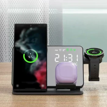 시계 포함 무선 충전기 스탠드, 갤럭시 S24, S23, S22, S21, 삼성 갤럭시 워치 7, 6, 5, 4, 3 용 고속 충전 스테이션, 4 in 1