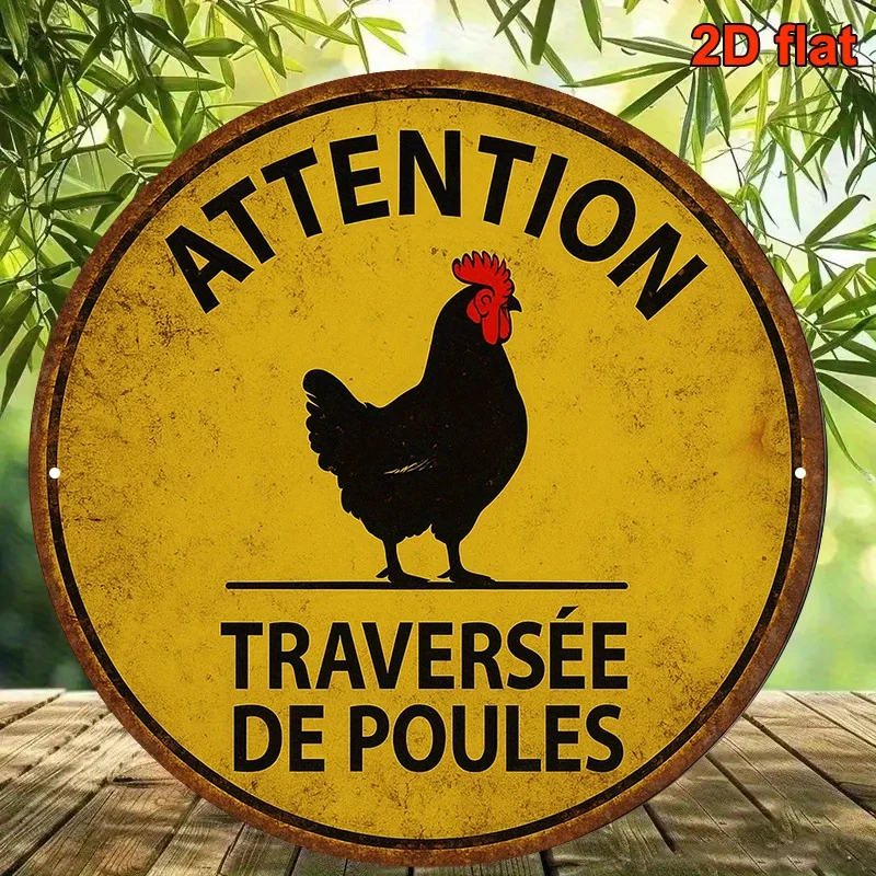 Attention Traversée de Poules Funny Chicken Crossing Vintage Round Aluminum Sign 20x20cm For Farm & Home Wall Decor