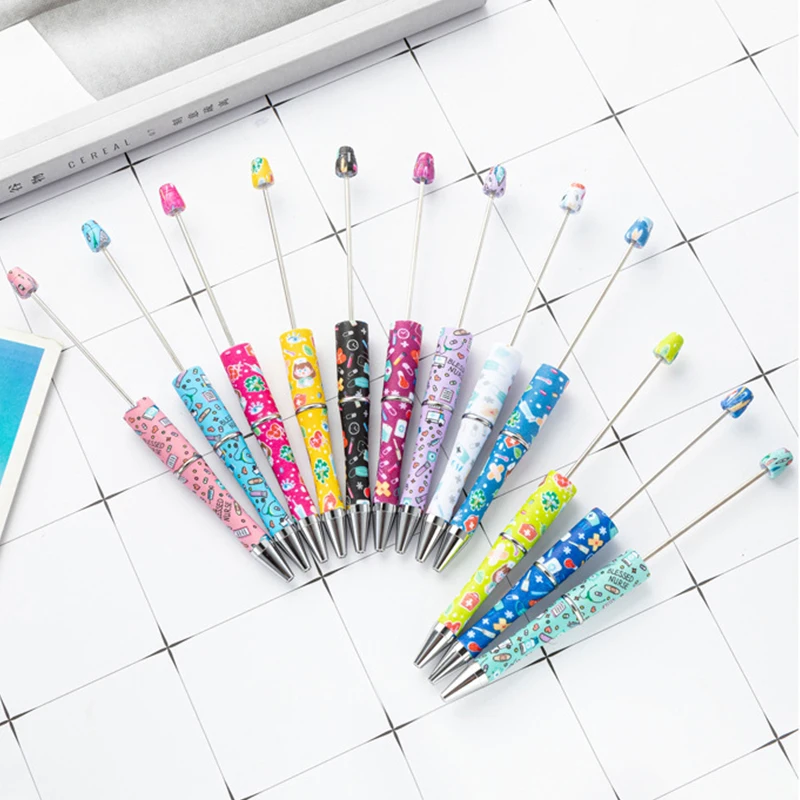 قلم حبر جاف مطرز بالخرز من البلاستيك ، أقلام غزل مطرزة بالخرز ، يوم الممرضات ، تصنعه بنفسك ، بيع بالجملة ، 12 أو