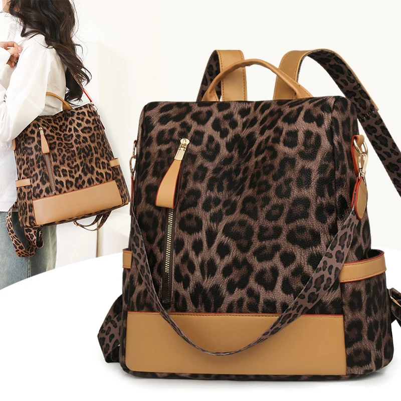 High-capacity Backpack for Women Womens Fashion Leopard Print Leather Travel Designer Backpack Ladies Shoulder Bags With Tassel