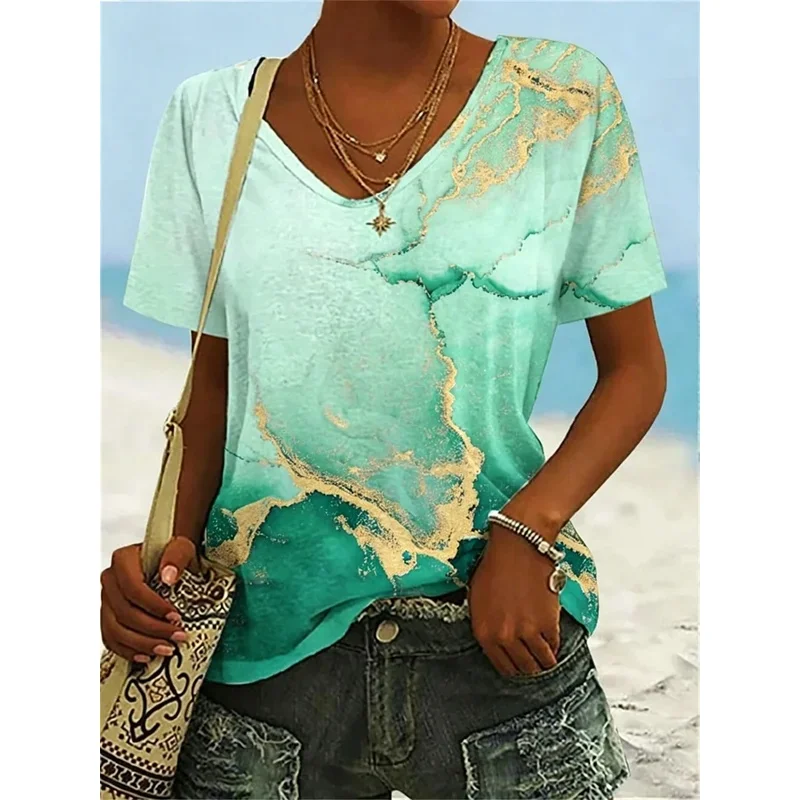 Women's T-shirt with Marble Gradient Print and V-neck, Casual Short-sleeved Blouse, Modern and Abstract Style
