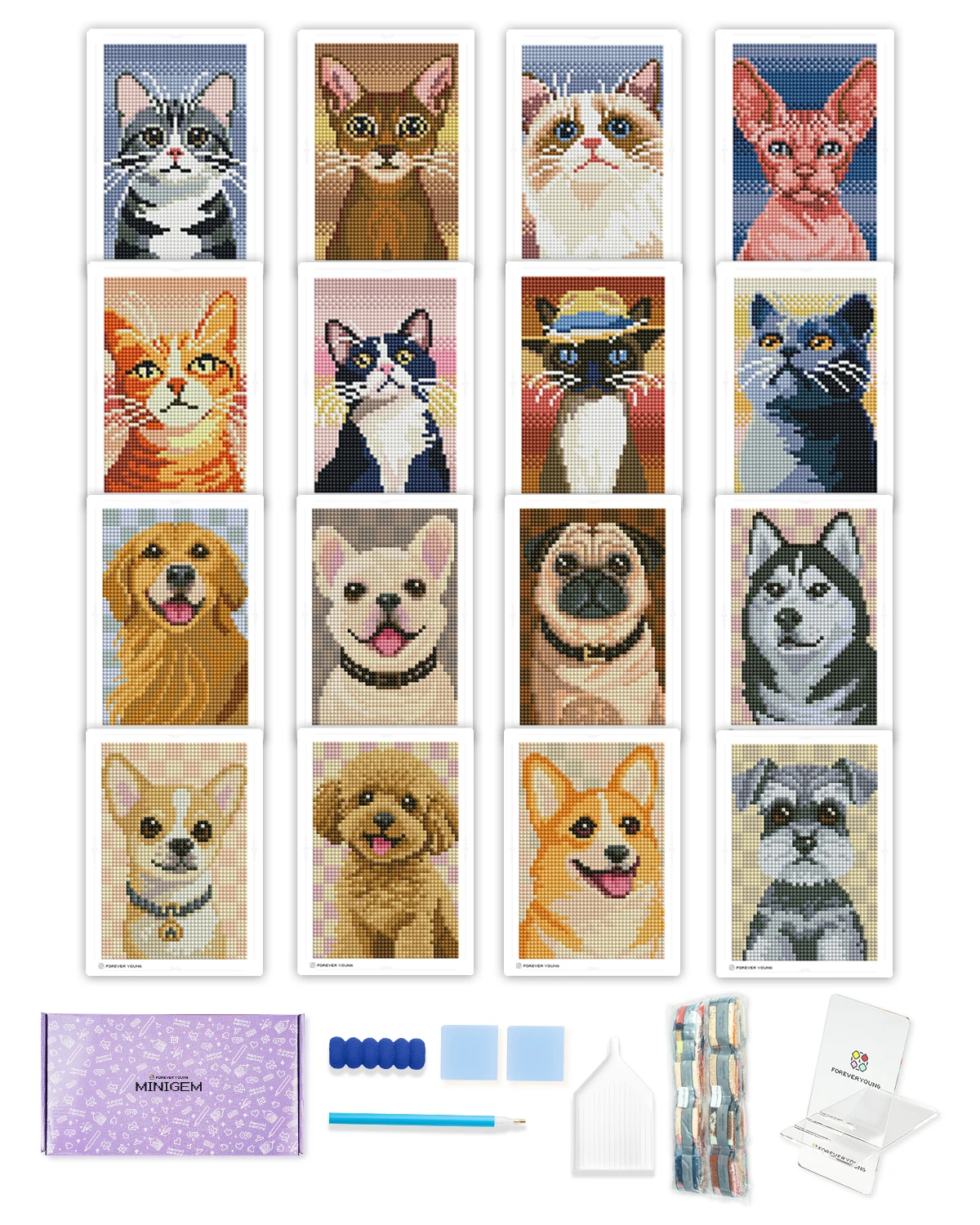 

Minigem Cute Cat & Dog Diamond Painting Kit, 16PCS 5"x7" Resin Square Diamonds Art Set for Pet Lovers