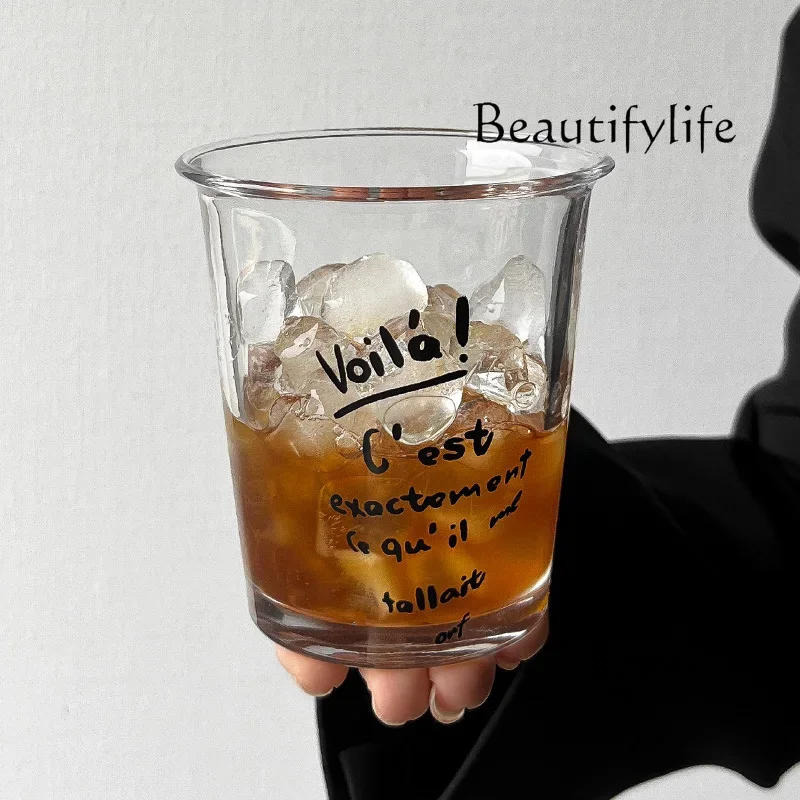 

French alphabet print glass ice American coffee transparent household women's drinking cup latte cup