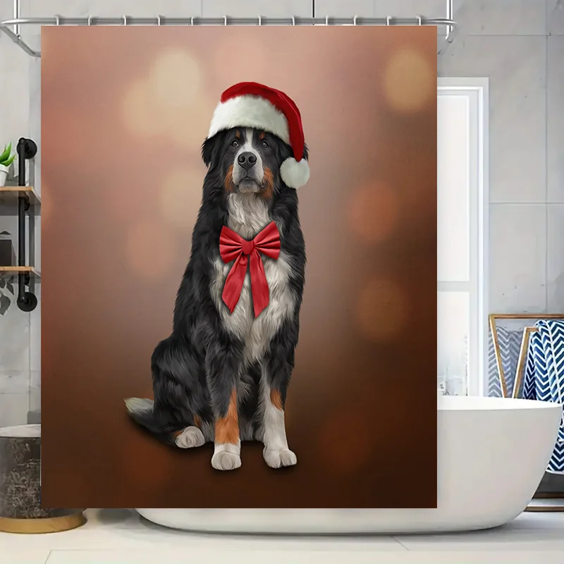 

Christmas Santa Hat Bow Tie Dog Shower Curtain Decoration for Bathroom New Year Pet Portrait Print Waterproof Fabric Bath Mat Co