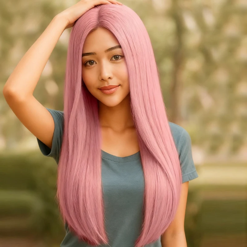 Pink 28 inch straight synthetic wig elegant and fashionable, suitable for daily role-playing party women