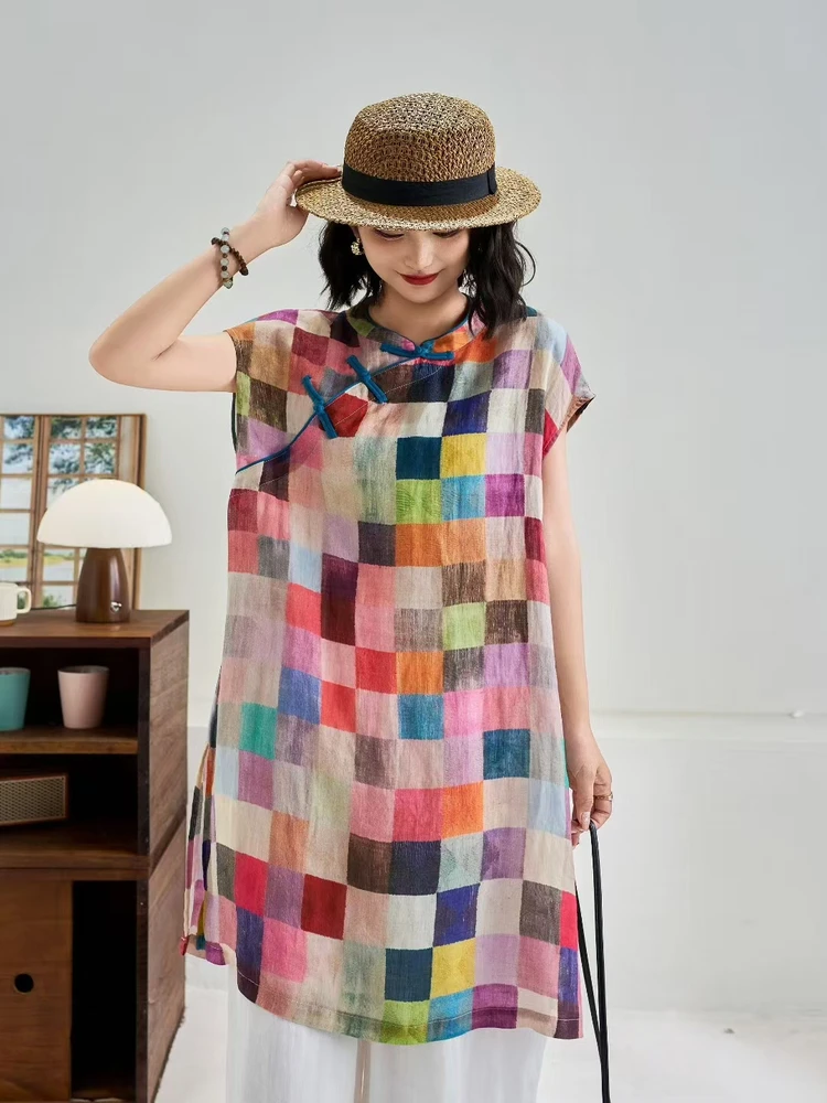 

Summer 2025 Women's Svel Pure Lua Printed Midi Dr Thin Medium Length with Slits High Waist Chinese Sle Dr